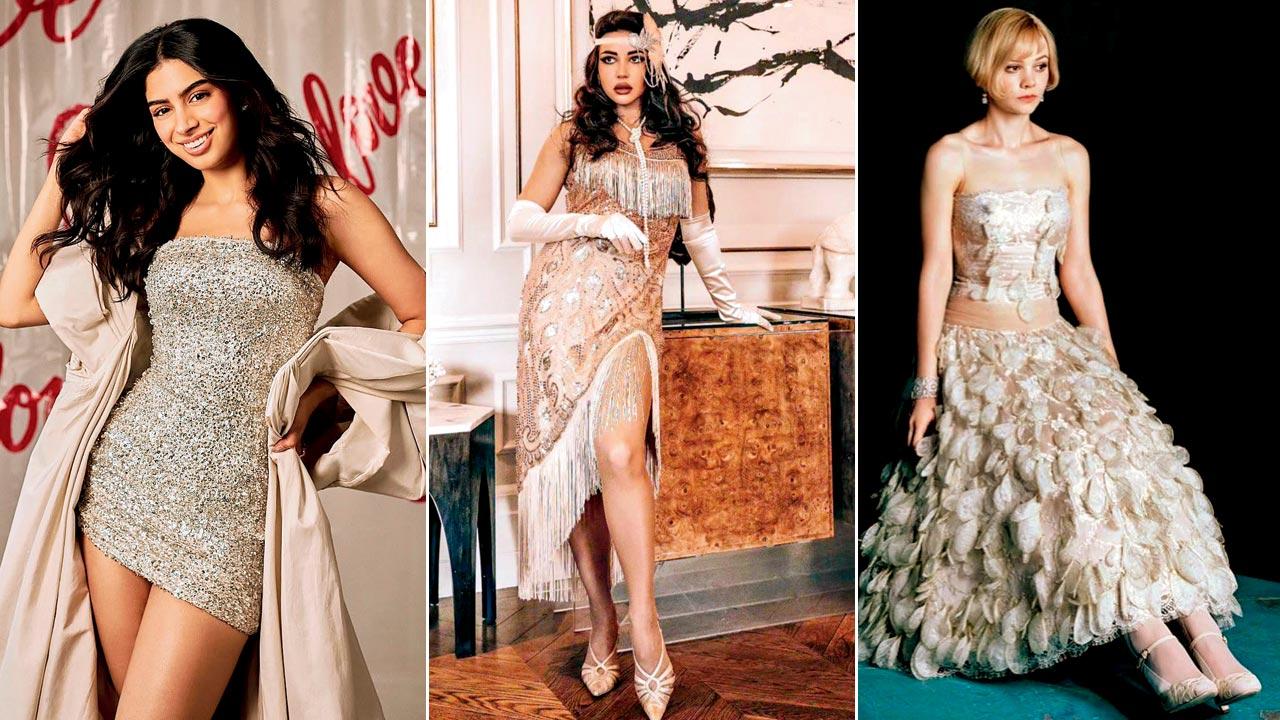 Khushi Kapoor  sports a shimmer dress; The feathered trims and shimmering sequins are hallmarks of 1920s fashion. Pic Courtesy/Babeyond official on Instagram; Carey Mulligan as Daisy Buchanan. Pic Courtesy/Perioddramastyle on Instagram
