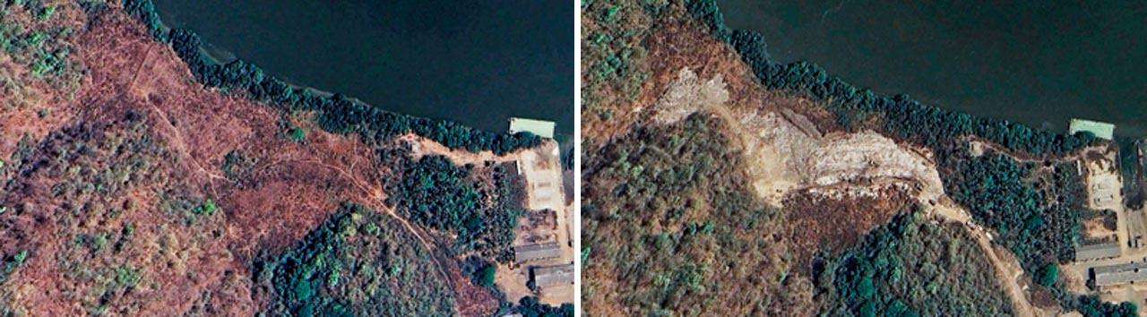 Before and after Google earth images of Gaikmukh on March 2024 and March 2025 showing the illegal dumping of garbage in the protected zone