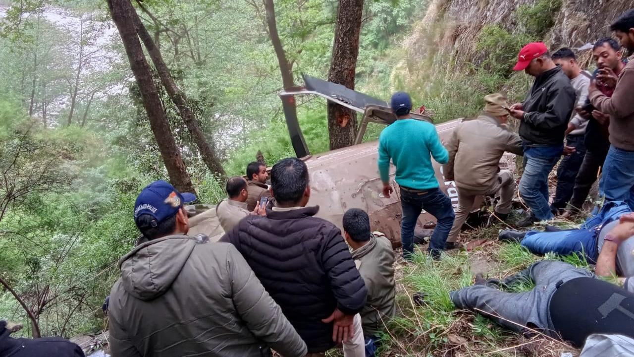 The private company helicopter, with seven persons on board, crashed over Rishikesh-Gangotri National Highway at around 8:45 am and fell into a gorge about 200-250 metres deep, State Disaster Response Force said