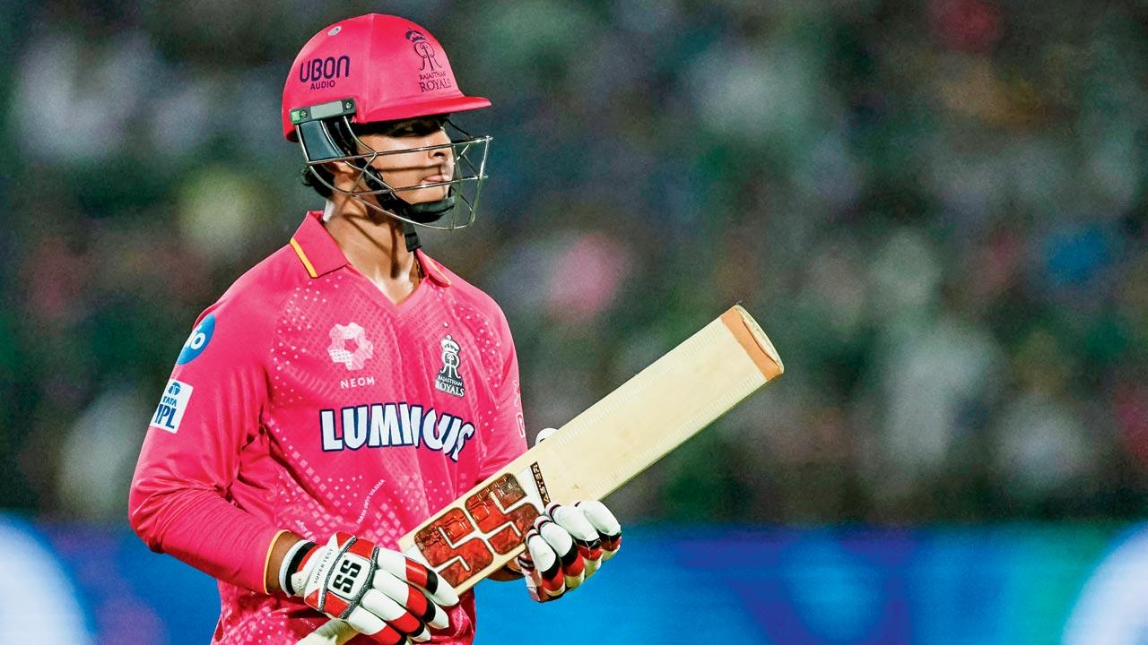 Rajasthan Royals opener Vaibhav Suryavanshi walks back after being dismissed for a duck against Mumbai Indians yesterday