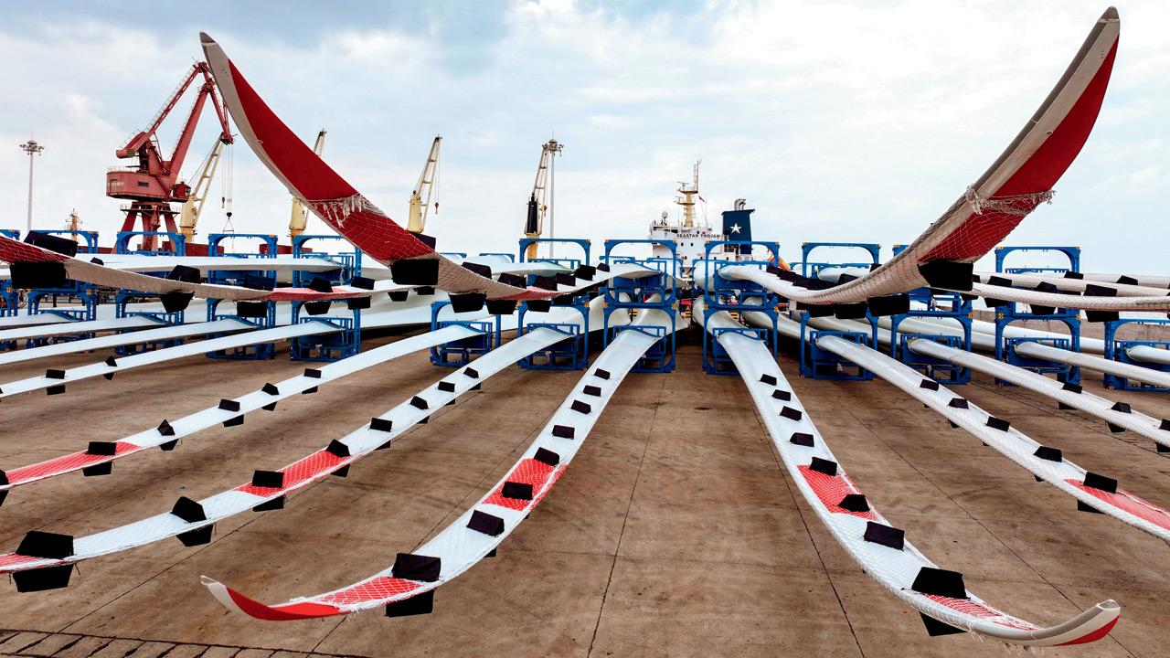 Wind turbine blades waiting to be loaded onto a ship for export at the port in Lianyungang, in China. Pic/AFP