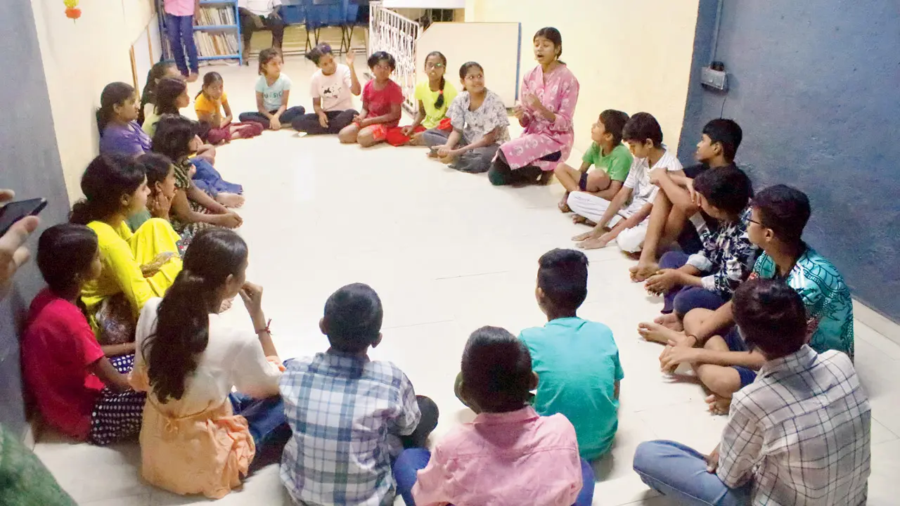 A moment from the exercise enabling children to tell a story from their experience. Pic Courtesy/Ang Tarang