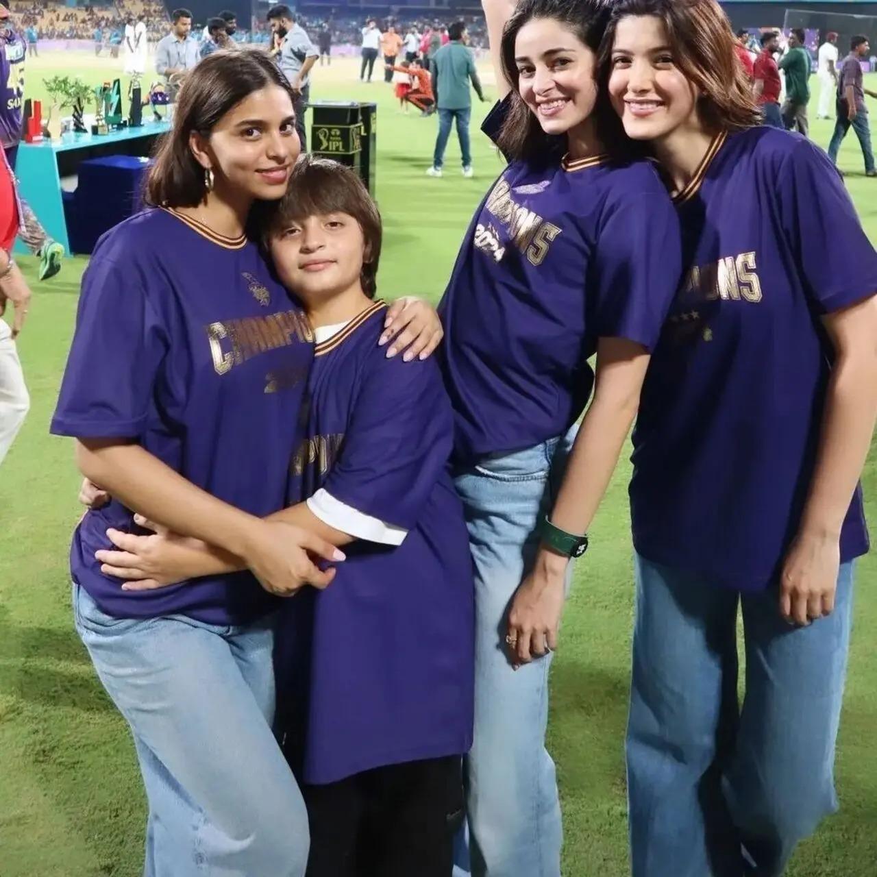 AbRam Khan hugs and poses his sister Suhana Khan during a match of IPL as they cheered for KKR. Also seen in the picture is Shanaya Kapoor and Ananya Panday
