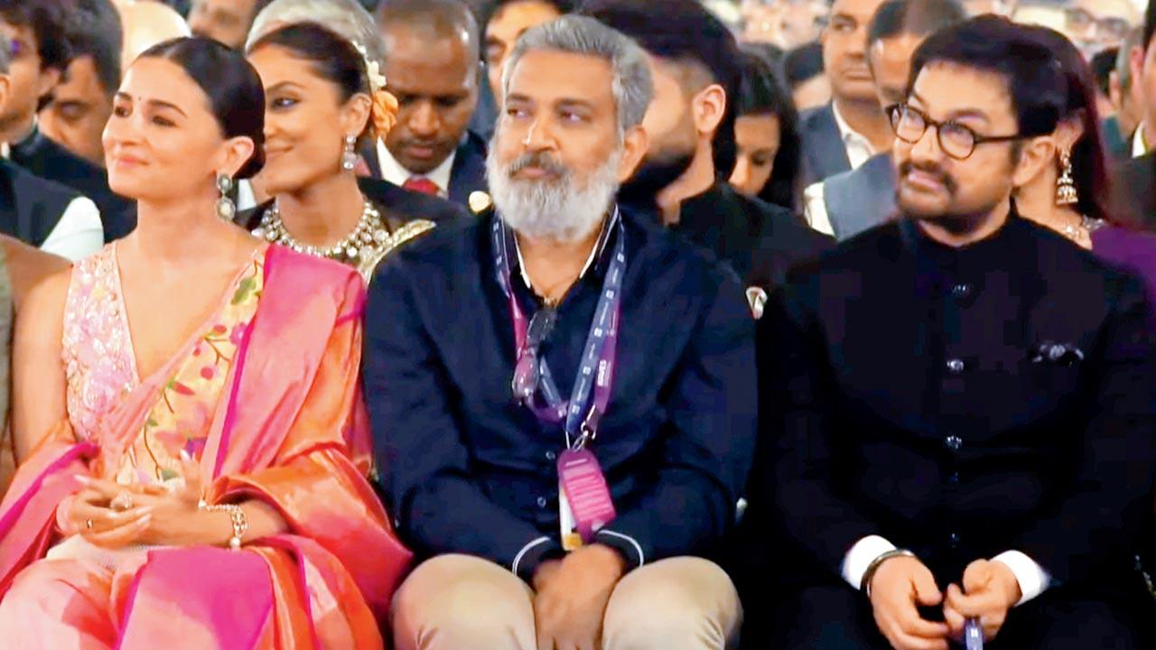 (From left) Alia Bhatt, SS Rajamouli, and Aamir Khan attended WAVES in Mumbai