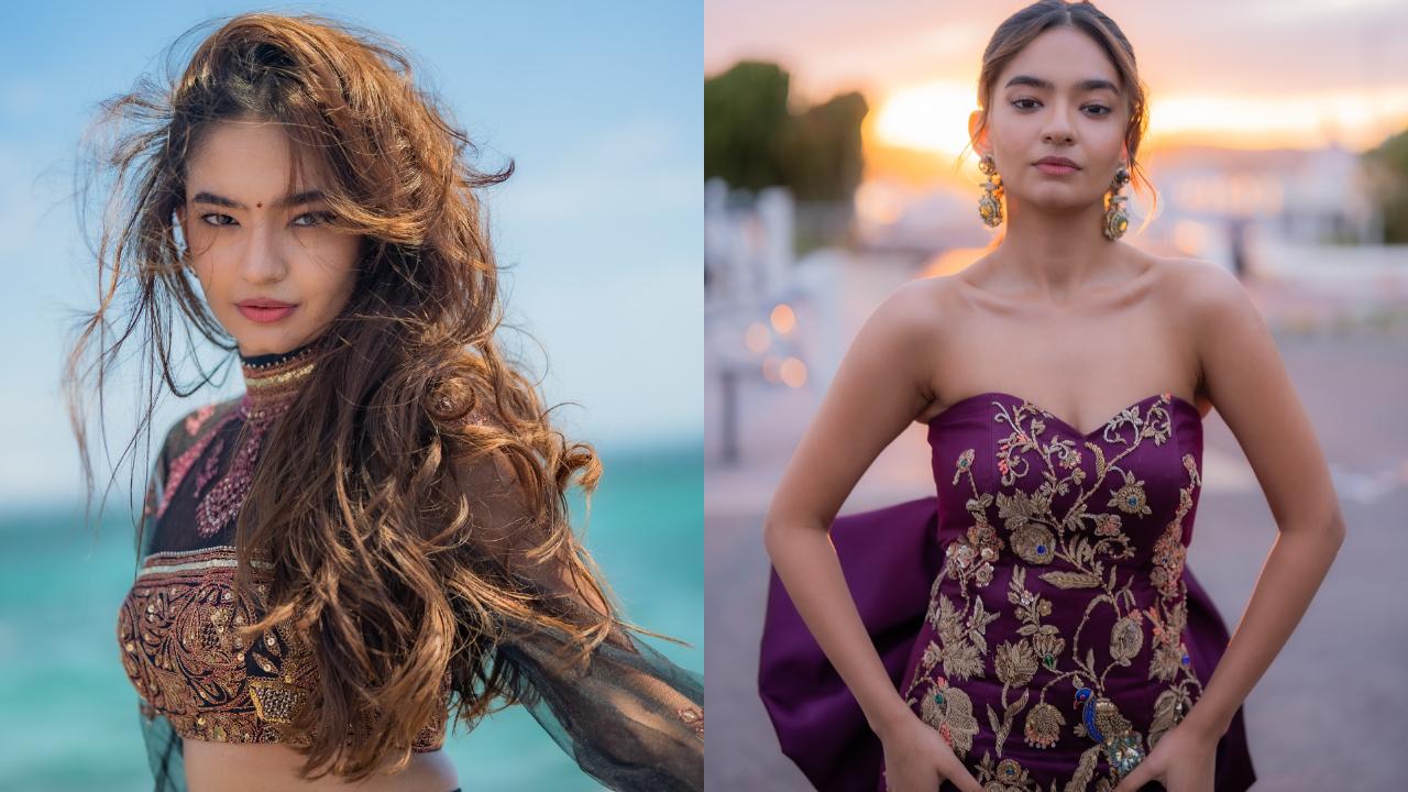 Anushka Sen dazzled at Cannes 2025 in a regal wine-hued gown by Duchess Kumari, showcasing intricate zardozi embroidery. Her elegant Victorian-style accessories and soft makeup perfectly complemented her poised, princess-like presence on the red carpet.