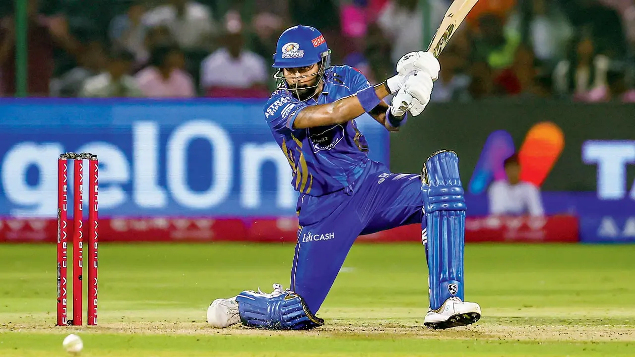 MI skipper Hardik Pandya during his unbeaten 48 against RR in Jaipur on Thursday. Pic/PTI