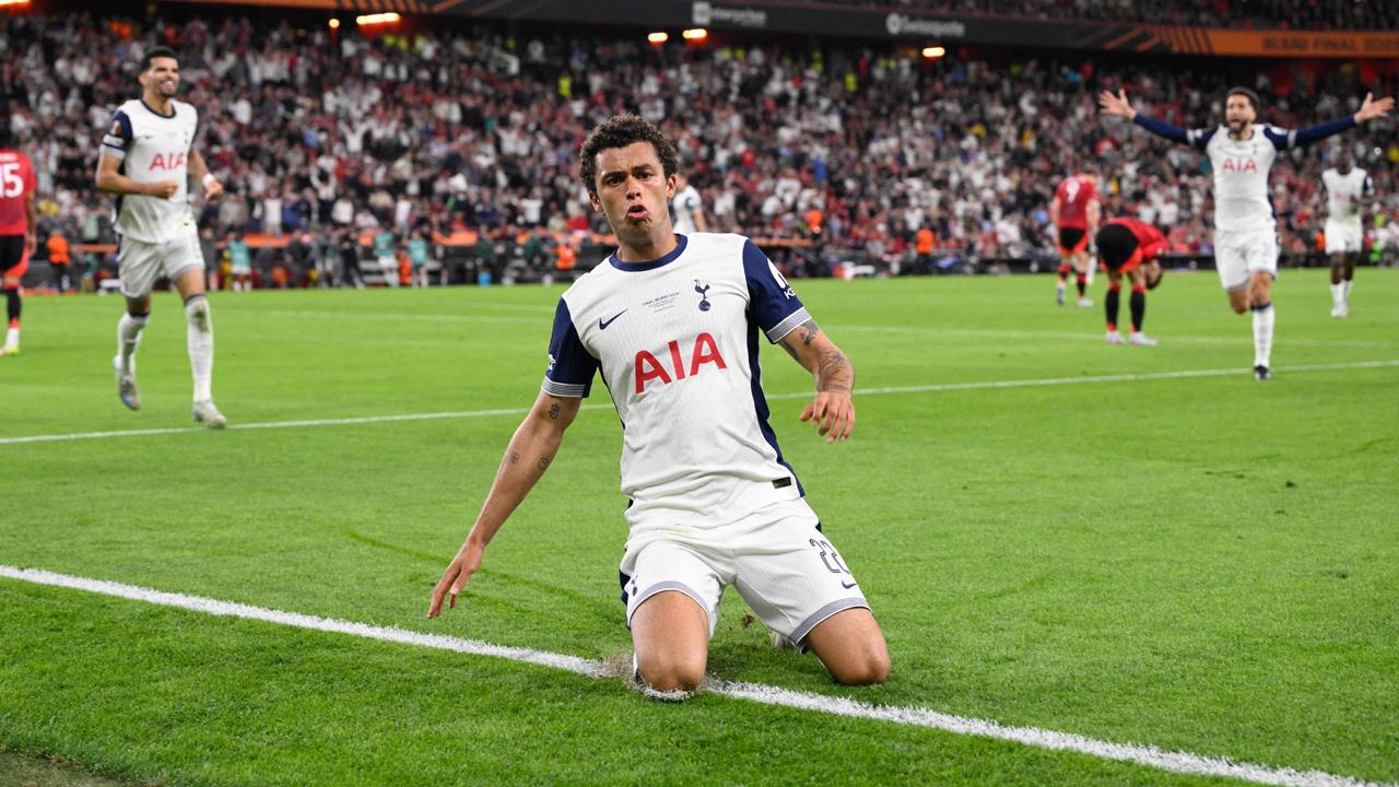 Tottenham Hotspur`s Welsh forward Brennan Johnson celebrates scoring the opening goal during the UEFA Europa League final football match between Tottenham Hotspur and Manchester United at San Mames stadium in Bilbao. Pic/AFP