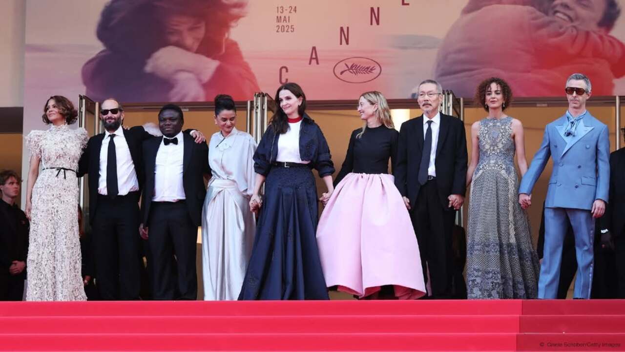 All jury members on the iconic Cannes film festival stairs before they announce the winners of the festival