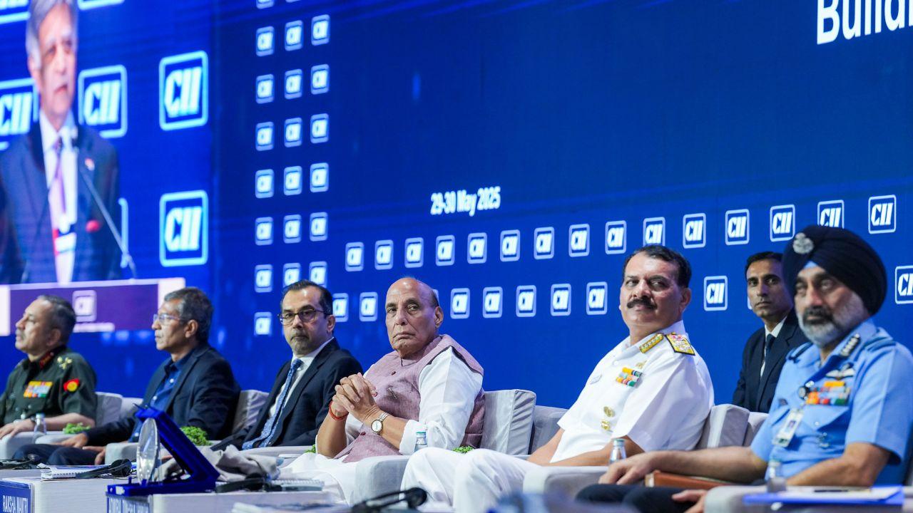 Along with Union Defence Minister Rajnath Singh, Defence Secretary Rajesh Kumar Singh, Navy Chief Admiral Dinesh K Tripathi, IAF Chief Air Chief Marshal A P Singh, CII President Sanjiv Puri and others was also present in the CII Annual General Meeting and Business Summit 2025