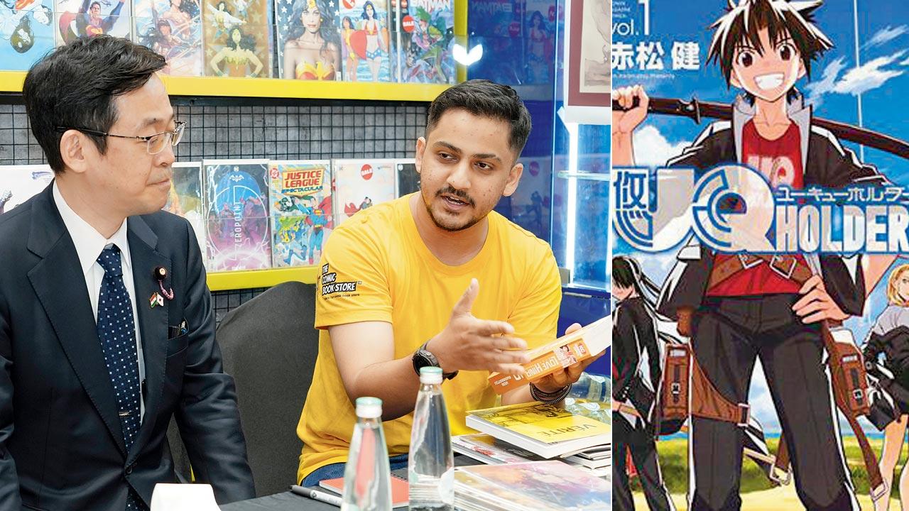 Ken Akamatsu with Hamza Sayed. Pic Courtesy/The comic book store; (right) the cover of UQ Holder! by Ken Akamatsu. Pic Courtesy/Wikimedia Commons 