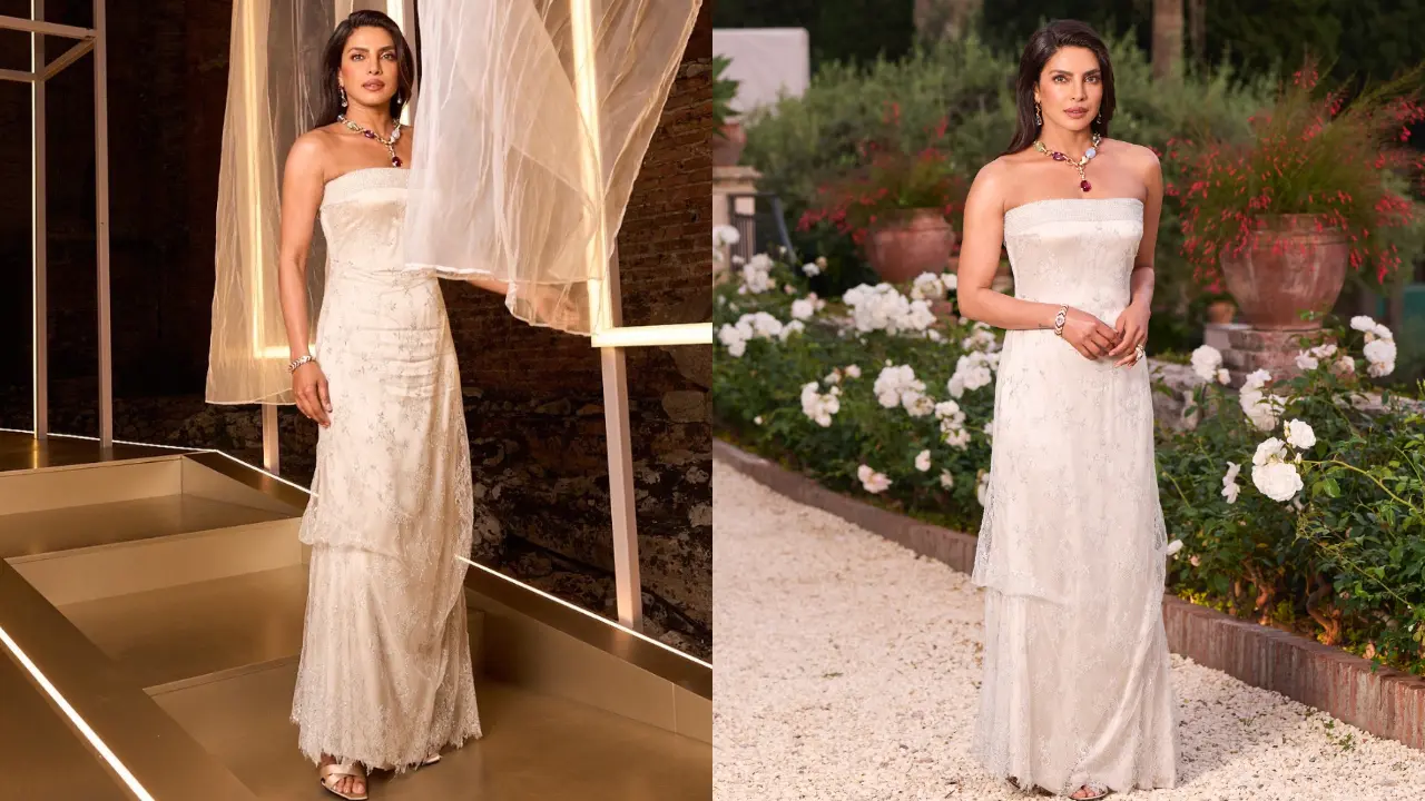Priyanka mesmerized in an off-white, intricately lace-embellished strapless gown. This haute couture masterpiece radiated refined sophistication, majestic allure, and irresistible charm—perfectly echoing the essence of Bvlgari’s latest collection