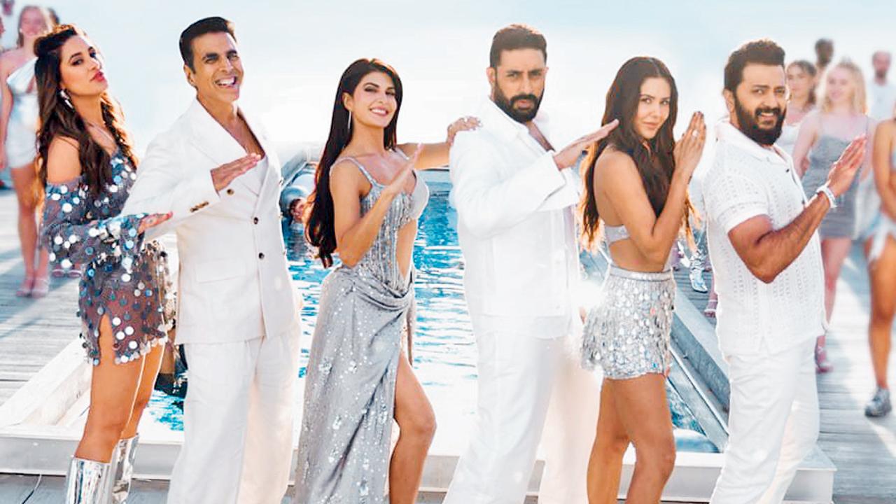 (From left) Nargis Fakhri, Akshay Kumar, Jacqueline Fernandez, Abhishek Bachchan, Sonam Bajwa, and Riteish Deshmukh