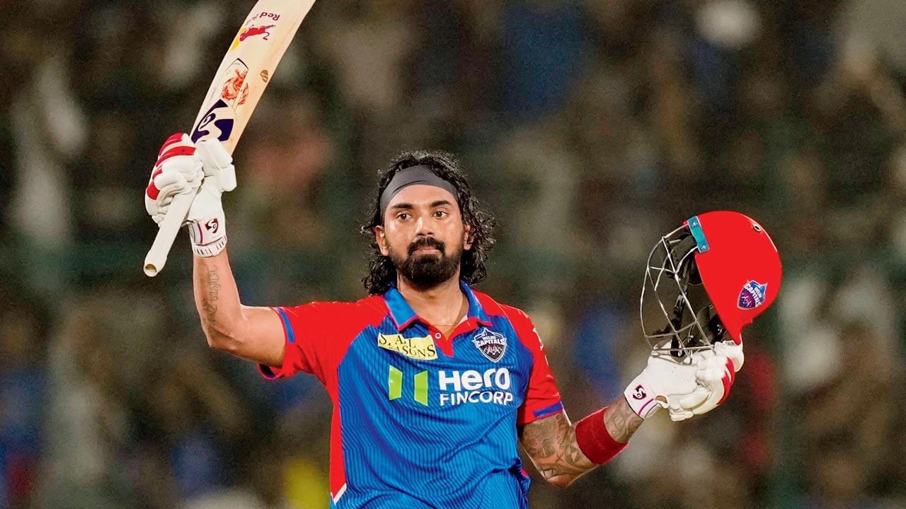 DC’s KL Rahul celebrates his century against GT yesterday 