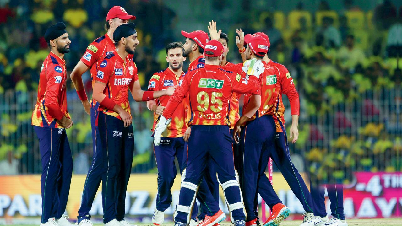 Punjab Kings players celebrate the dismissal of CSK’s Shaik Rasheed in Chennai last month. Pic/Getty Images