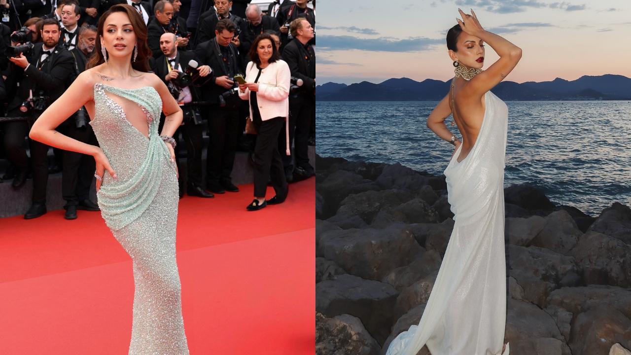 Nitibha Kaul made a striking debut at Cannes 2025 in a custom mint-green gown by Nicol Sposa, featuring intricate crystal embellishments and sheer detailing. She paired the look with turquoise statement earrings and a matching Miu Miu clutch, exuding modern elegance