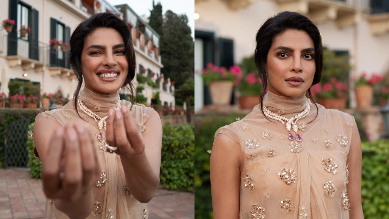 At the intimate Bvlgari dinner in Sicily, Priyanka Chopra wore a breathtaking Serpenti necklace and bracelet that elevated her elegant beige Dior dress, subtly detailed and refined. She also shared a glimpse of the tag on her outfit, revealing it was by Christian Dior. In a standout moment, Priyanka flashed her signature smile while playfully striking the classic Italian hand gesture, winning our Italian hearts