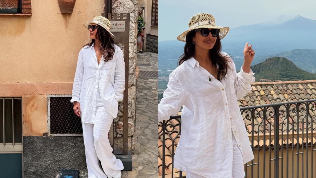 For her day out, Priyanka donned an all-white ensemble featuring a cotton co-ord set of loose pants and a shirt, paired with white sneakers, a Louis Vuitton chapeau, and Chanel sunglasses. She effortlessly defined luxury even on a casual, relaxed day