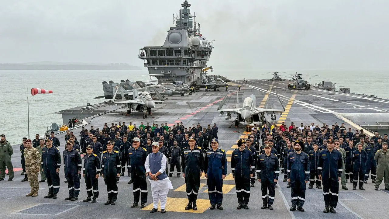 Rajnath Singh addresses officers aboard INS Vikrant aircraft carrier