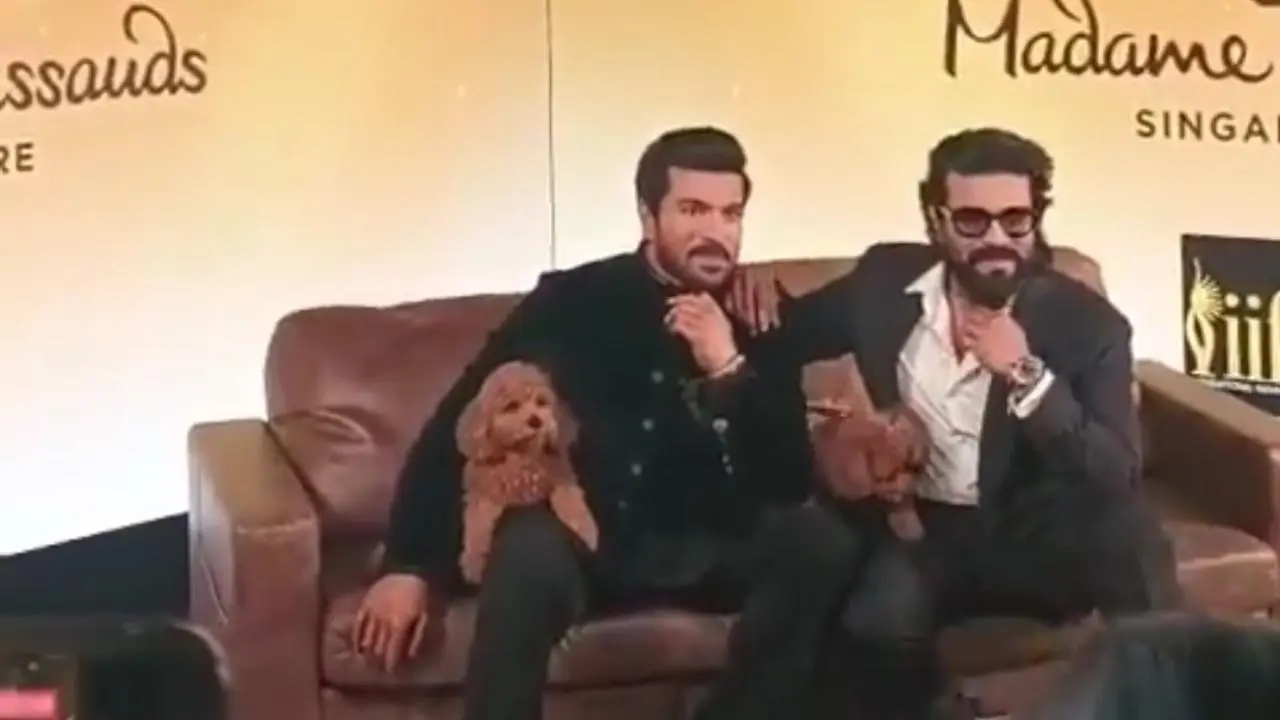 Ram Charan and his pet dog Rhyme uveil their wax statue at Madame Tussauds