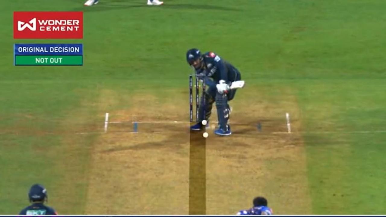 At the time, when GT was nearing the victory, premier all-rounder Rashid Khan received a controversial LBW-out. According to the fans, most part of the delivery was missing the stumps line and later, a close look at the area of the ball pitched was also not projected on the big screen(Pic: X)