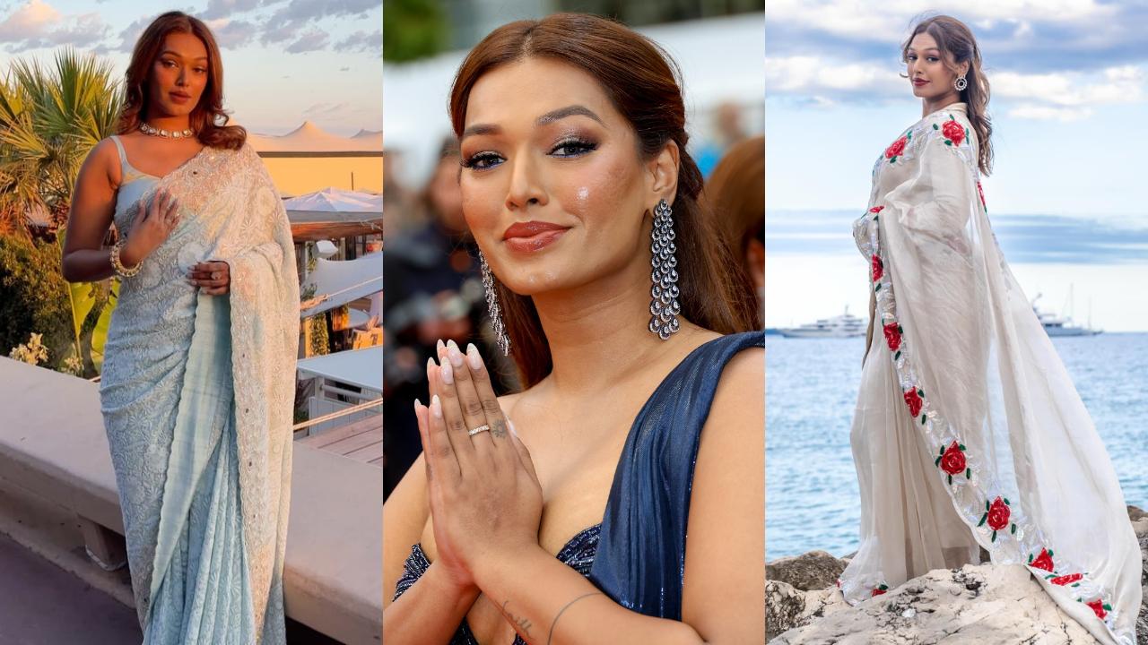 Cannes 2025 marked Sarah Sarosh's debut at the film festival. For a pre-festival dinner, Sarah donned a firozi blue chikankari saree, featuring exquisite, intricate embroidery reflecting artistry of Lucknow. On the red carpet, Sarosh stunned in a royal blue saree adorned with zardosi and cutdana embroidery. Both of these were by Kalki Fashion. At the French Riviera photoshoot, she was spotted in another saree with a beautiful rose print