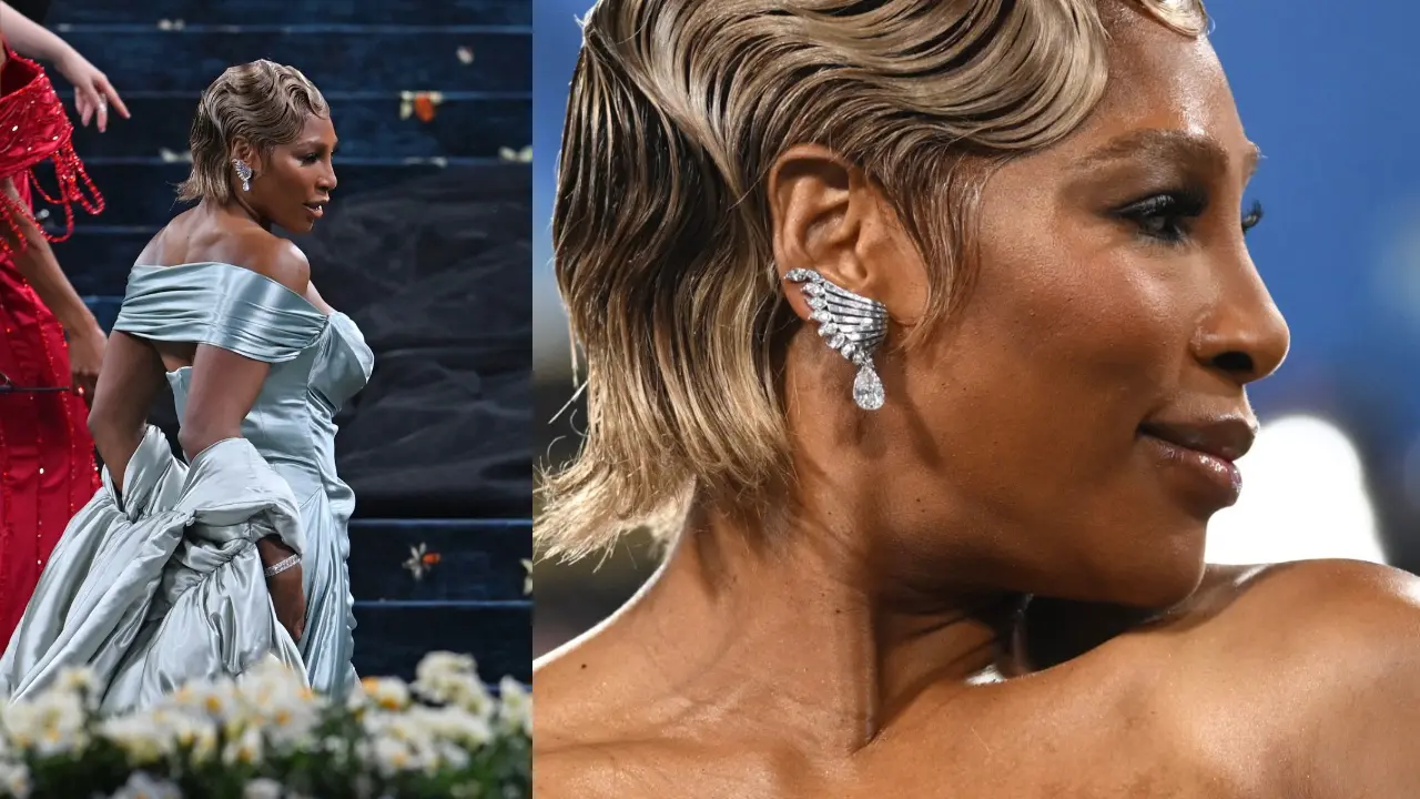 Serena Williams, a 23-time Grand Slam winner, stunned in an icy blue gown with a sheer mesh panel and a dramatic silver wrap, delivering regal energy