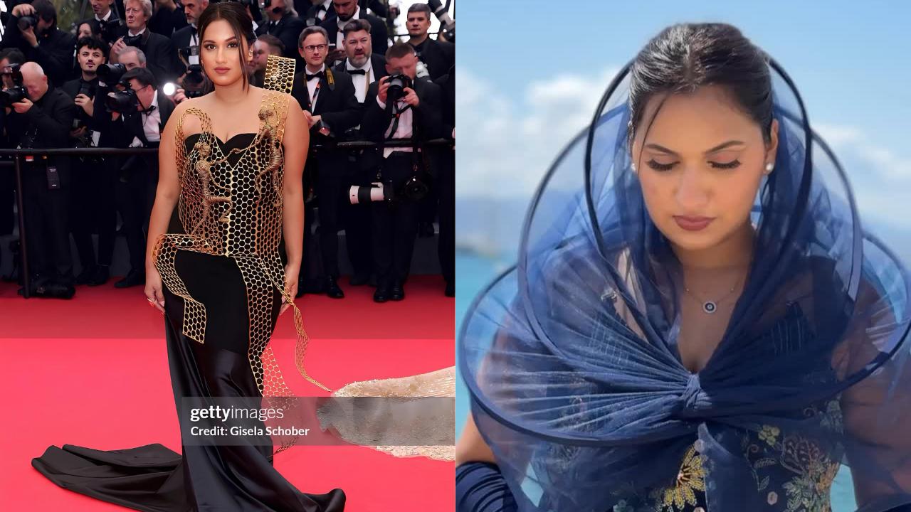Simran Balar Jain made a bold Cannes 2025 debut in a custom black satin gown by Stature by Kavya, featuring a striking gold metal corset called 