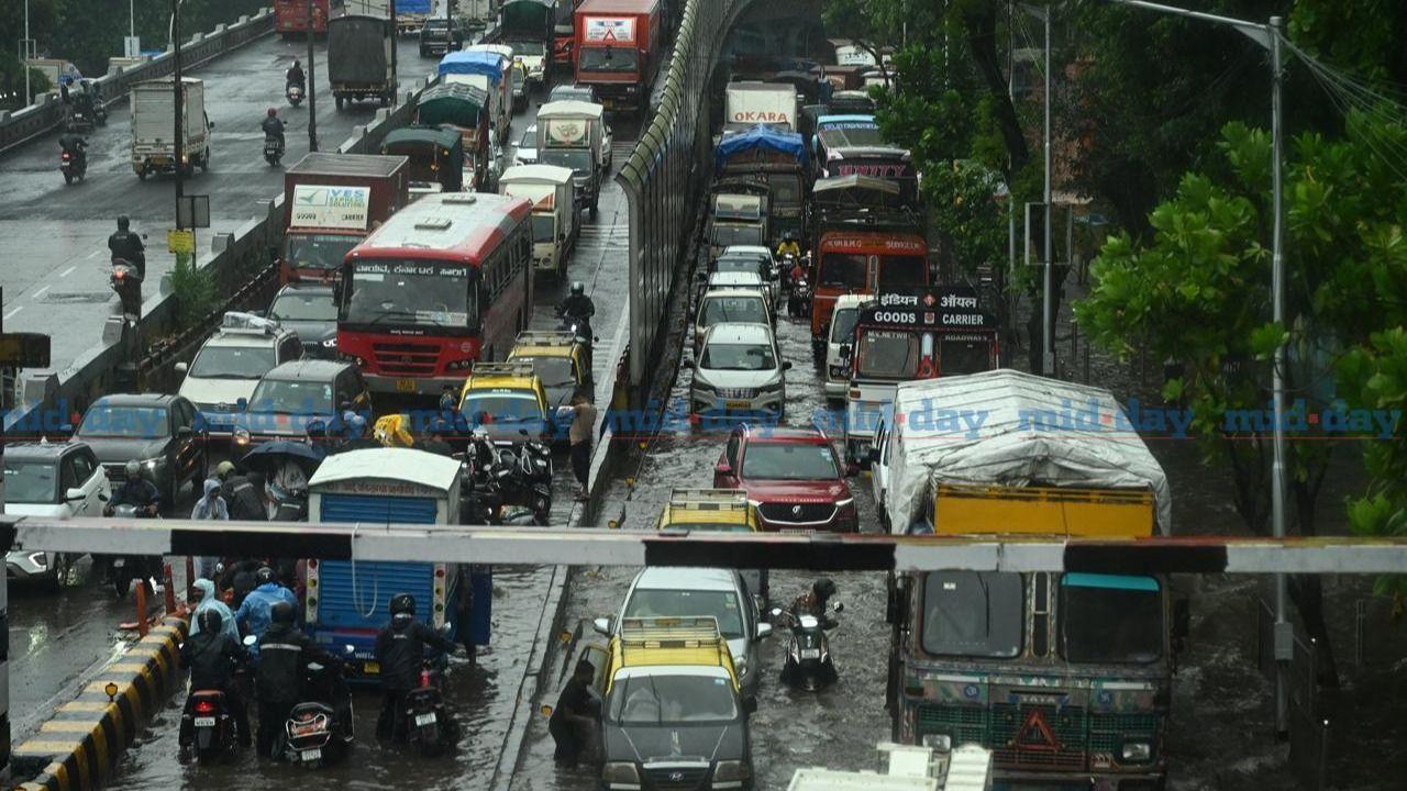 Traffic at Sion-Matunga has come to a standstill, as a sea of vehicles, including buses, trucks, taxis, and private cars are stuck bumper-to-bumper, unable to move. Motorists are seen wading through flooded stretches, with some even abandoning their vehicles