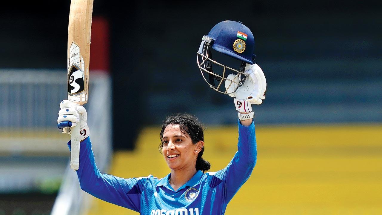 Smriti Mandhana celebrates her century yesterday. Pic/Getty Images