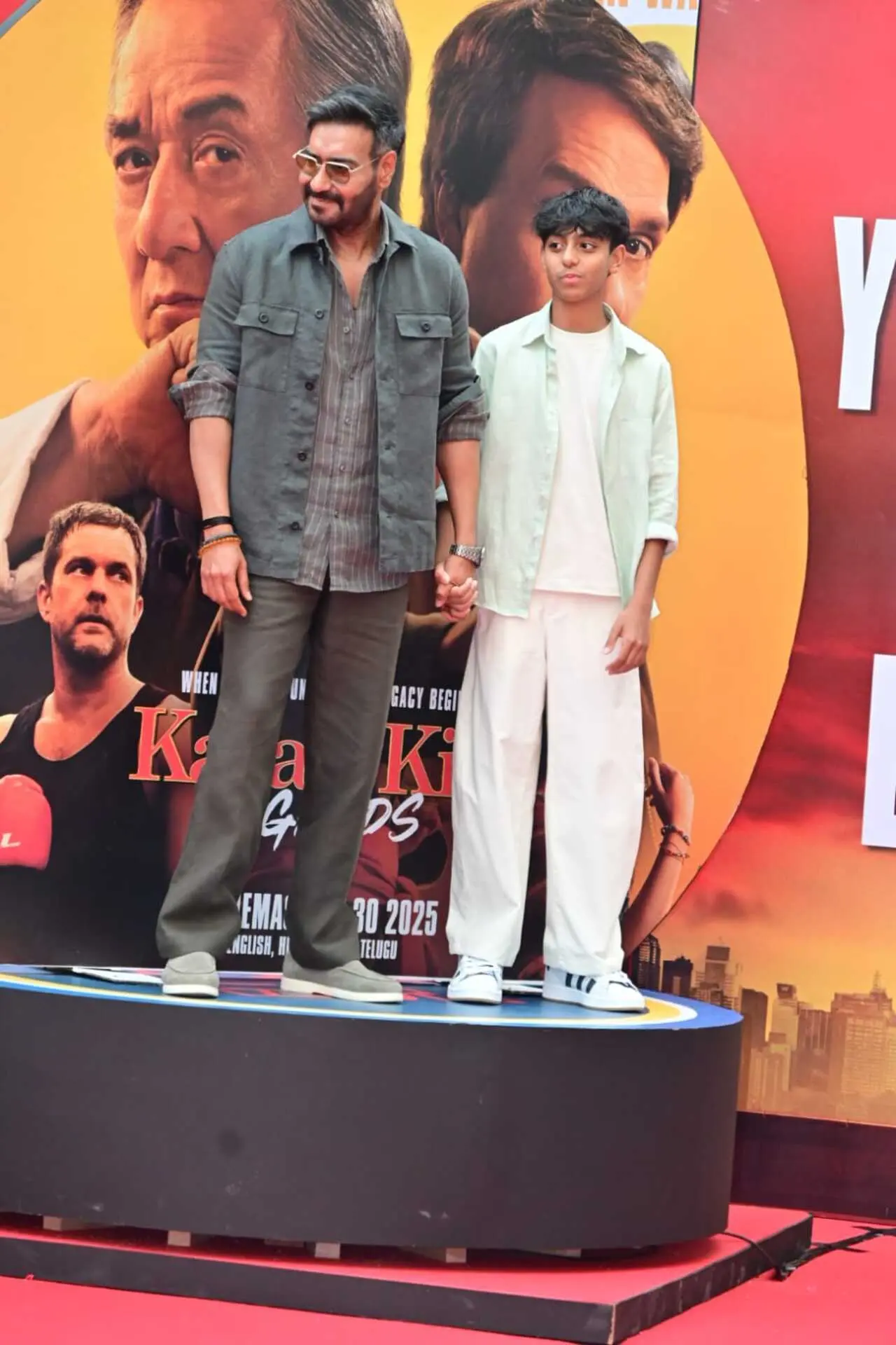 Ajay Devgn at the Hindi trailer launch of Karate Kids: Legends with his son Yug Devgan