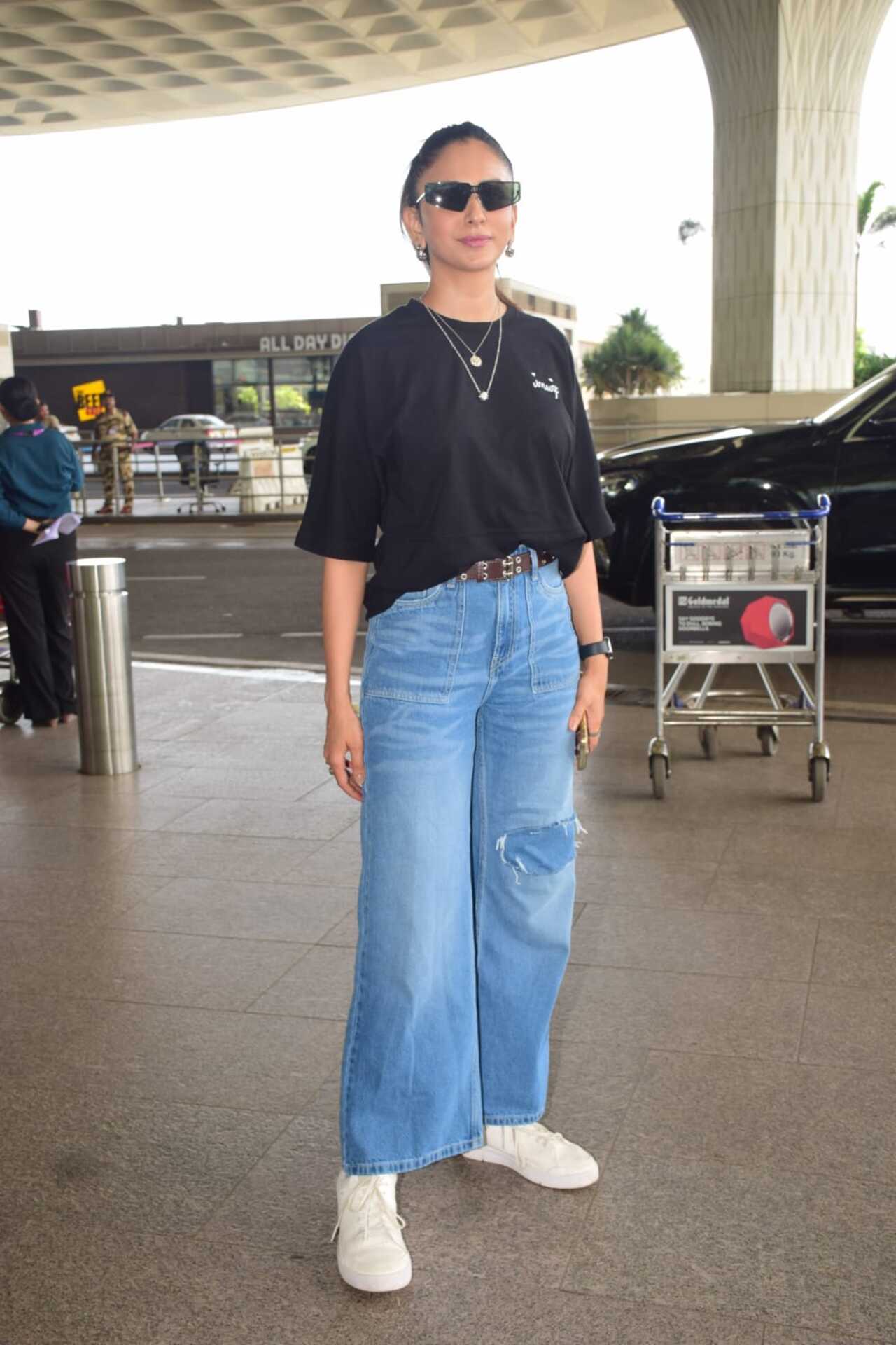 Rakul Preet Singh was spotted in a simple black t-shirt and blue denim paired with a white sneaker
