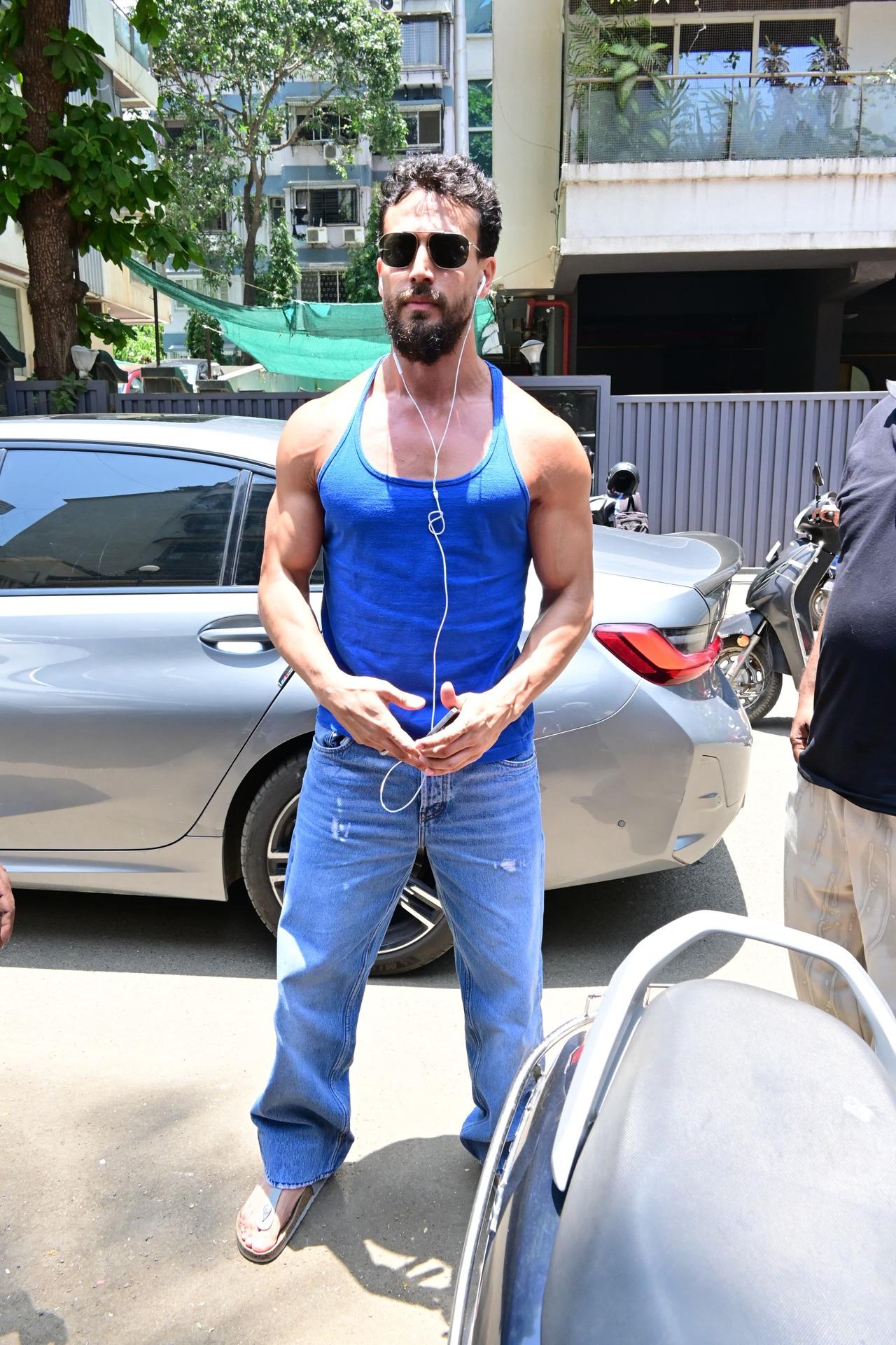 Tiger Shroff spotted in a blue ganji and denims during a salon visit