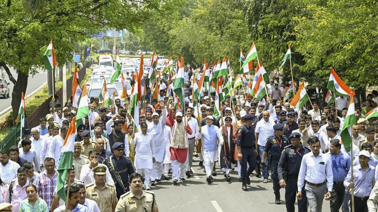 Haryana Chief Minister Nayab Singh Saini led a 'tiranga yatra' in Panchkula which saw participation of thousands of people, including women and children