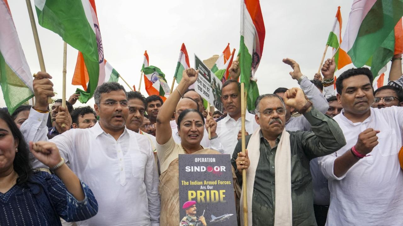 Delhi Chief Minister Rekha Gupta, joined by her Cabinet colleagues, led a 'Shaurya Samman Yatra' down the Kartavya Path in the national capital to laud the armed forces for the success of Operation Sindoor