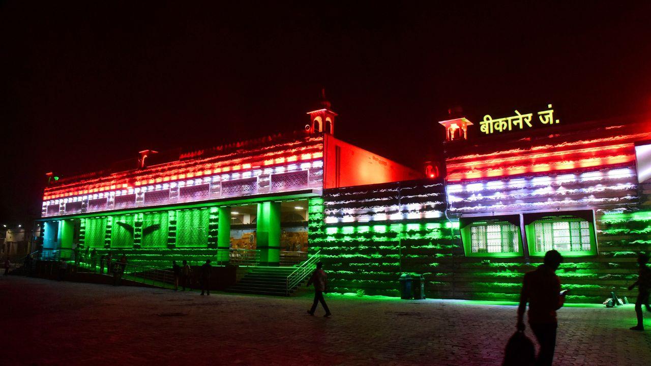 Bikaner Junction railway station lit up in the colours of the national flag to honour the valour of the Indian armed forces in Bikaner, Rajasthan