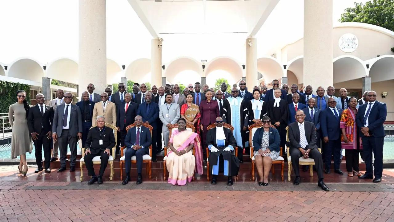 President Draupadi Murmu poses for a group photo with President Duma Gideon Boko and other leaders at the National Assembly in Gaborone, Botswana