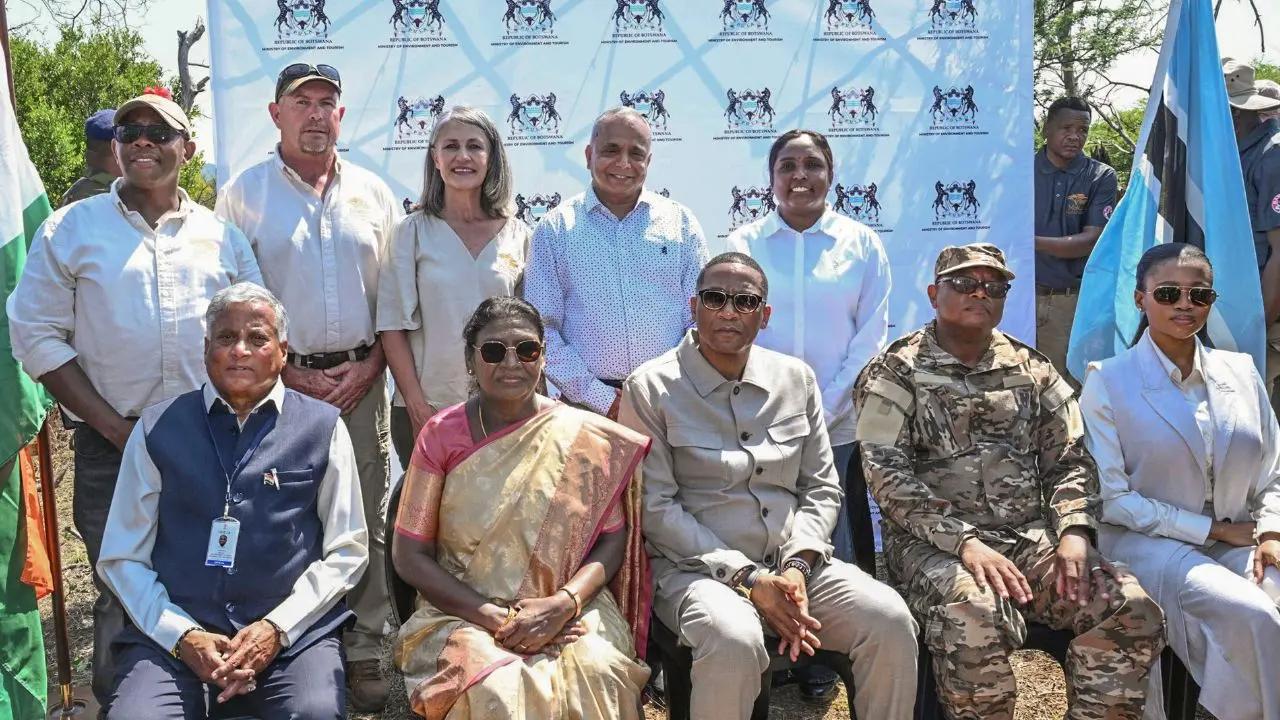 Draupadi Murmu with President Duma Gideon Boko and others watching the release of captured cheetahs at a nature reserve in Gaborone, Botswana