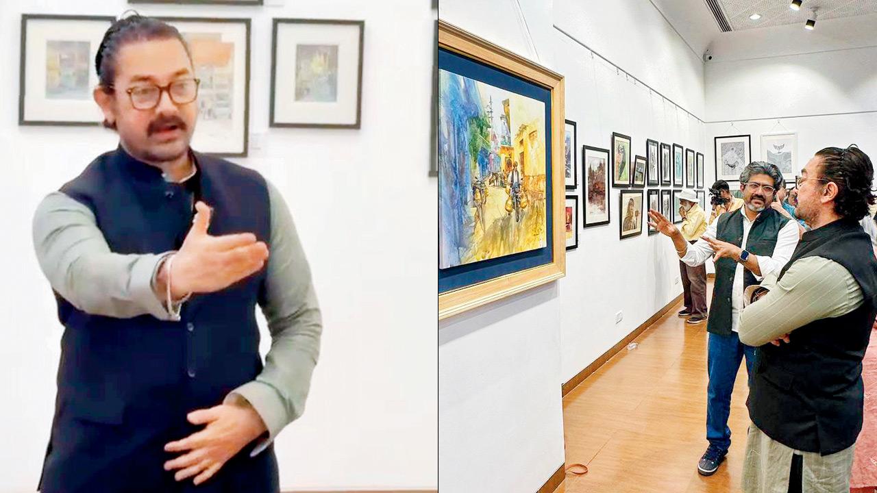 Aamir Khan gets a walkthrough of the exhibition from Vikrant Shitole (right) Khan addresses visitors at the gallery. PICS COURTESY/PARAG BORSE