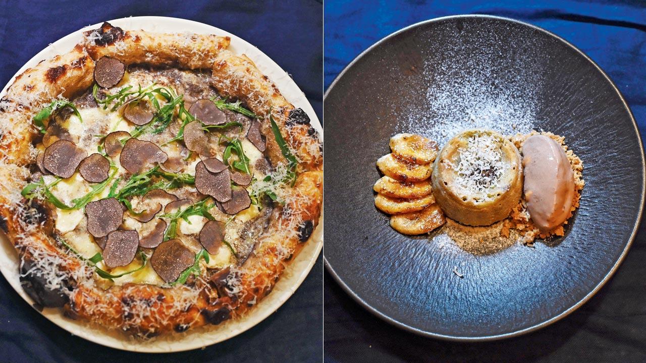 Truffle pizza; (right) Banana lava cake