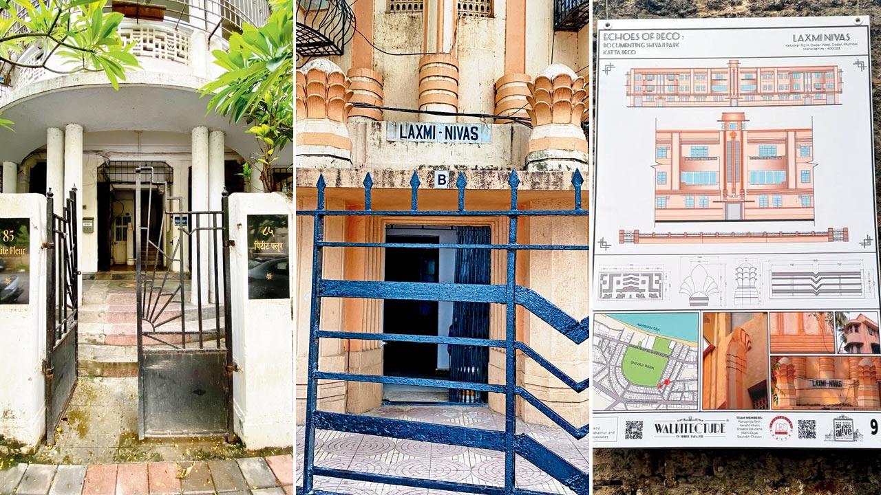 Petite Fleur building in the precinct; The lotus motifs on the entrance of the Laxmi Nivas building; A panel at the exhibition detailing the motifs at Laxmi Nivas