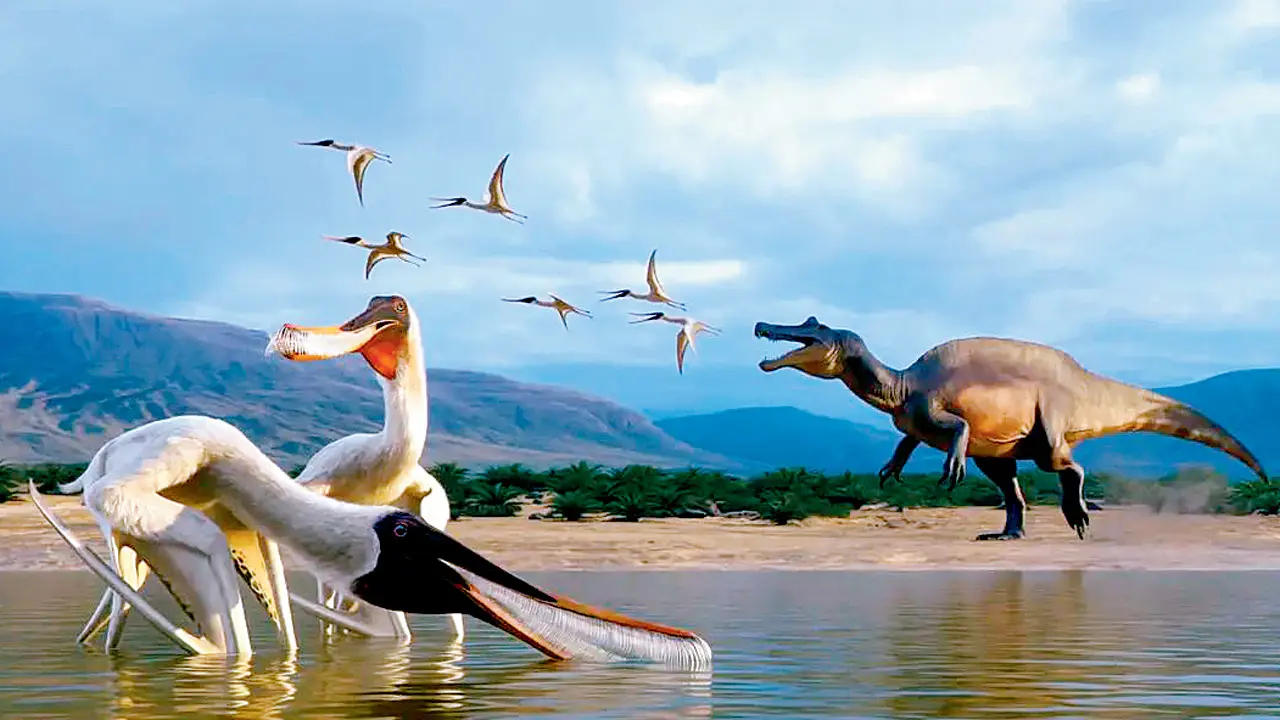An artistic reconstruction of the pterosaur with a spinosaurid in the background that likely produced the regurgitalite. PIC COURTESY/Julio Lacerda 