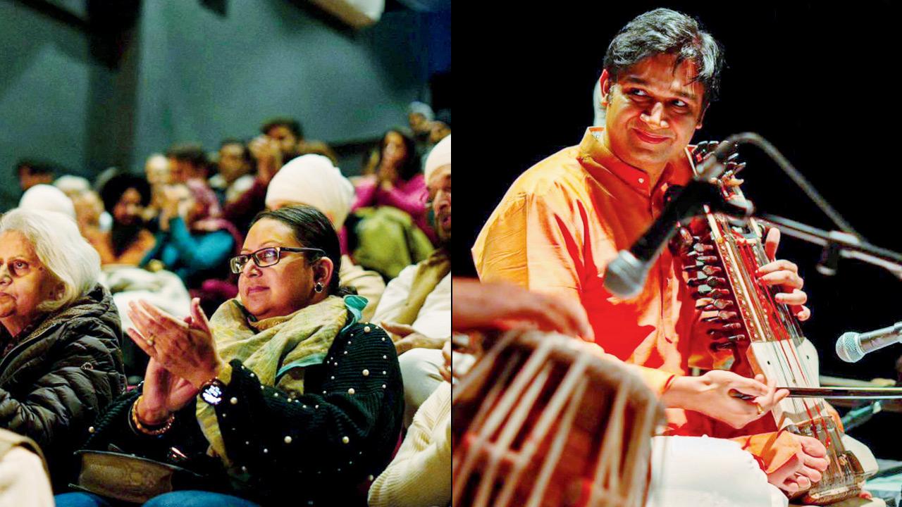 (From left) Audience at the concert; Harsh Narayan, grandson of late sarangi maestro Ram Narayan, performs at Windsor. Pics Courtesy/ Harsh Narayan, 108Lab