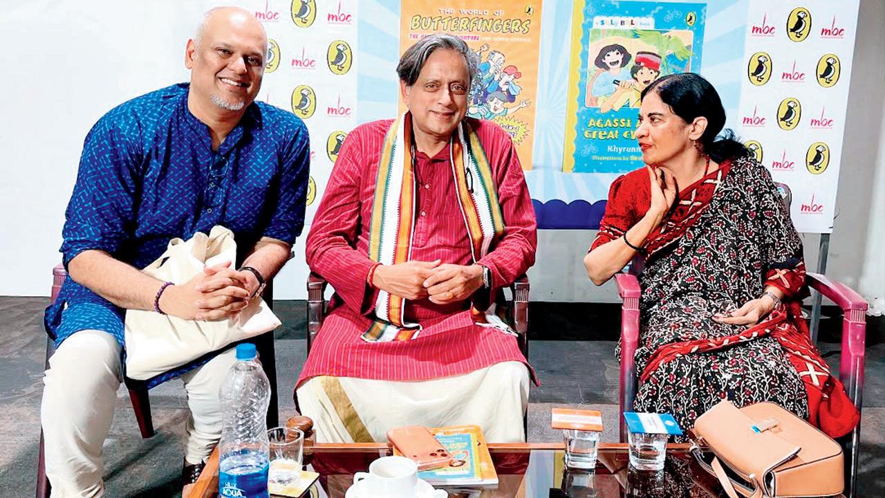 (From left) Abhijeet Kini, Shashi Tharoor, and Khyrunnisa A at the book launch. PIC COURTESY/@abhikini on instagram