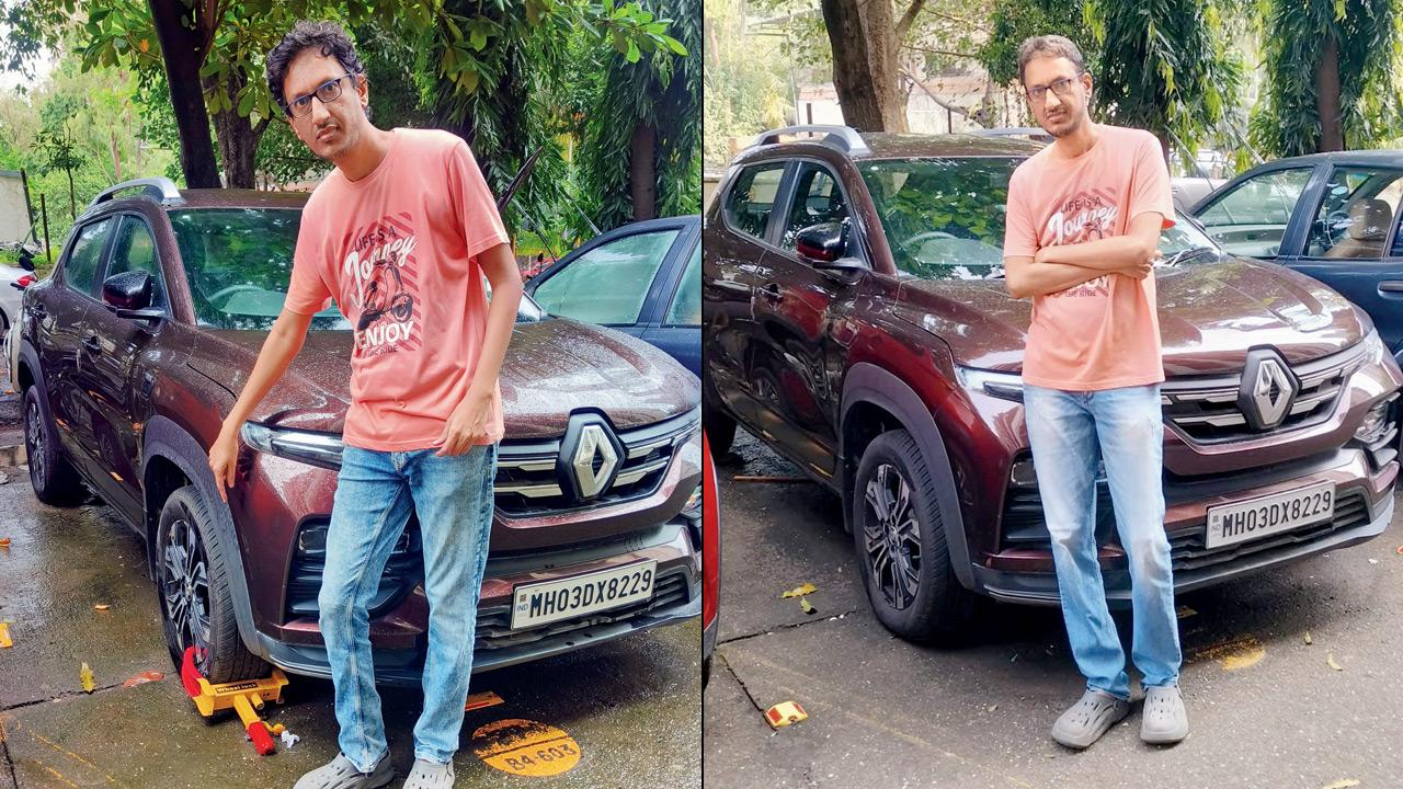 Mumbai: After four months, Mulund techie’s vehicles finally freed Sachin Kapure poses with his clamped car on the premises of Lok-Nisarg Society in Mulund (right) The vehicle in the wake of the dismissal of the housing society’s committee Pics/By Special Arrangement
