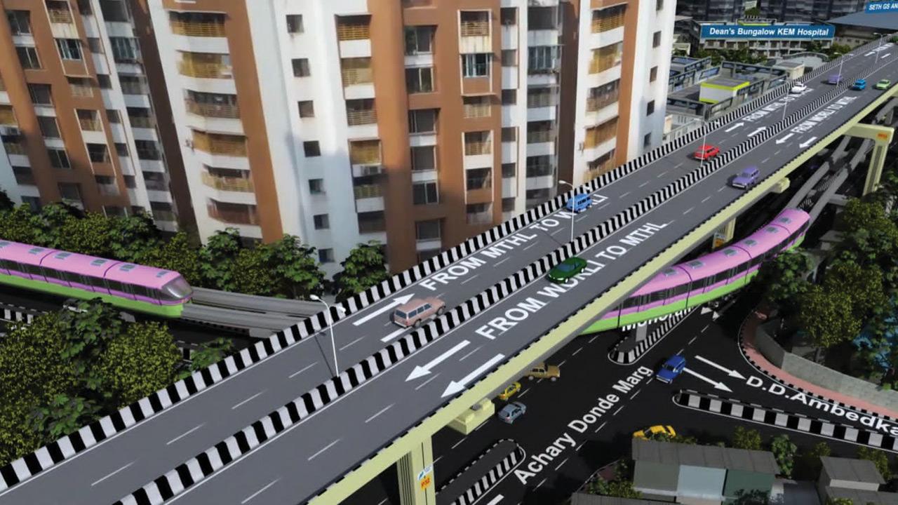 <p>The Sewri-Worli connector passing over the Mumbai Monorail alignment near Wadia Hospital in Parel</p>