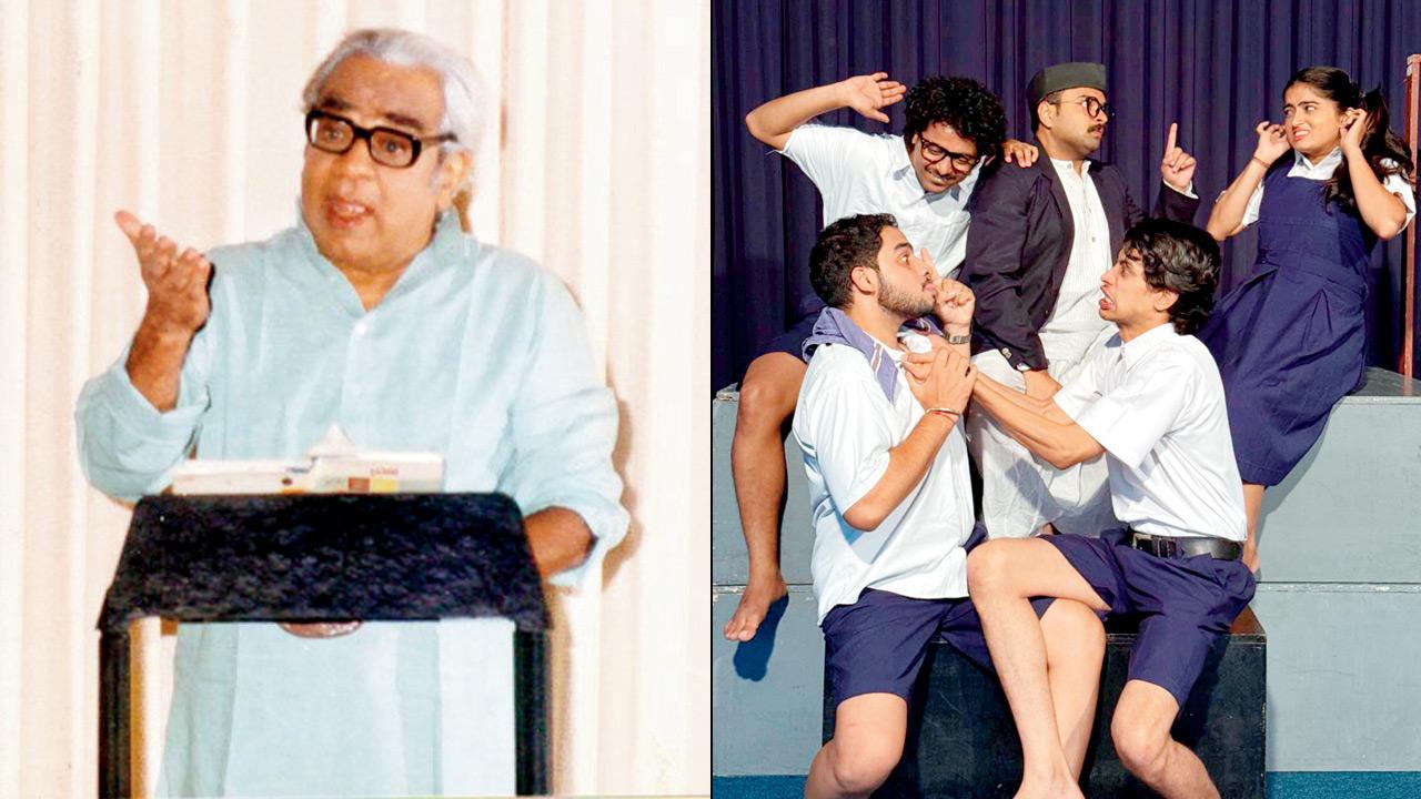 PL Deshpande at a reading; (right) actors rehearse before a performance of Marathi Vangmayacha Gholiv Itihas