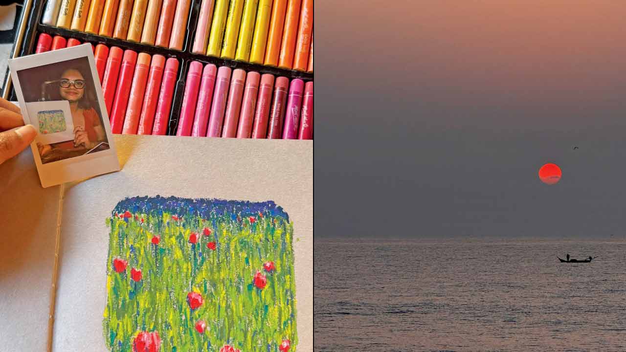 A display at the art retreat; (right) a view of the sunrise at Promenade Beach, one of Puducherry’s most popular beaches