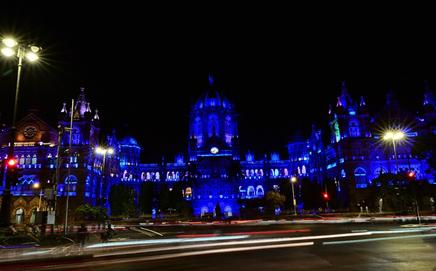 The CSMT building lights up in blue on Wednesday. PIC/SHADAB KHAN