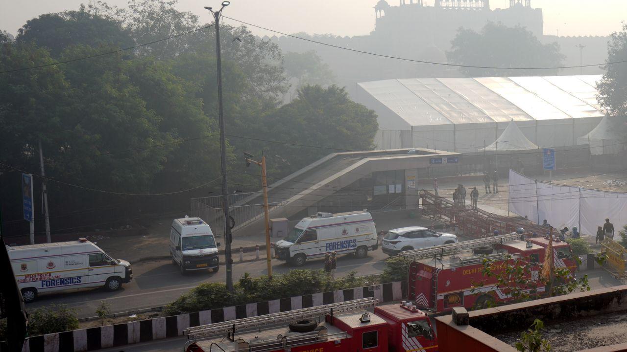 Delhi Red Fort blast: Railway Minister says, 'Vigil strengthened at stations' Forensic vehicles at the site in the aftermath of the blast that occurred near Red Fort Metro Station on Monday. Pic/PTI