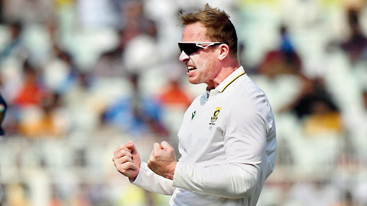 SA spinner Simon Harmer celebrates the wicket of Rishabh Pant on Sunday